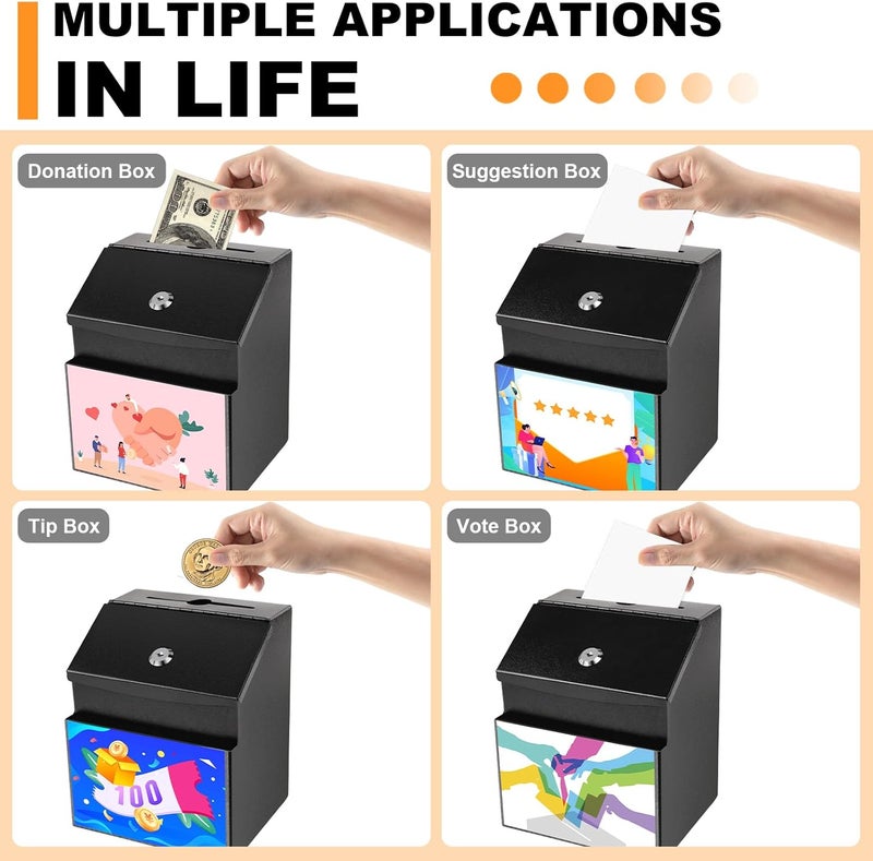 LINSIRON Suggestion Box with Slot and Lock Metal 8.4 x 5.8 x 7.0 inch Built-In Storage Compartment with Magnetic Sign Holder 50 Suggestion Cards Tip Jar Ballot Voting Prayer Comment Mailbox Teacher - Image 4